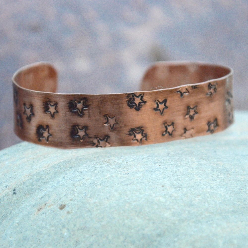 Solid Copper Cuff Bracelet Star Stars Mens Unisex - Picture 1 of 2